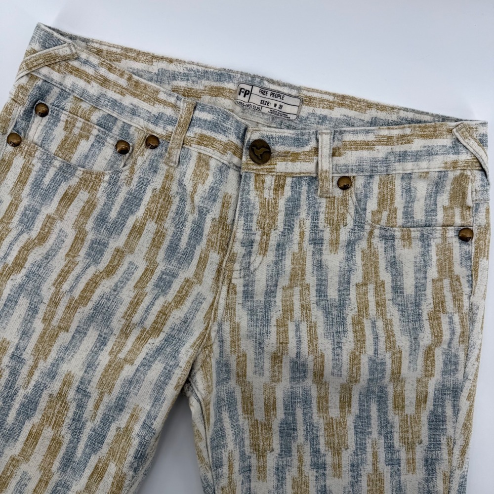 Free People‎ Skinny Jeans Women 28 Tan Blue Ikat Geometric Ankle Zip